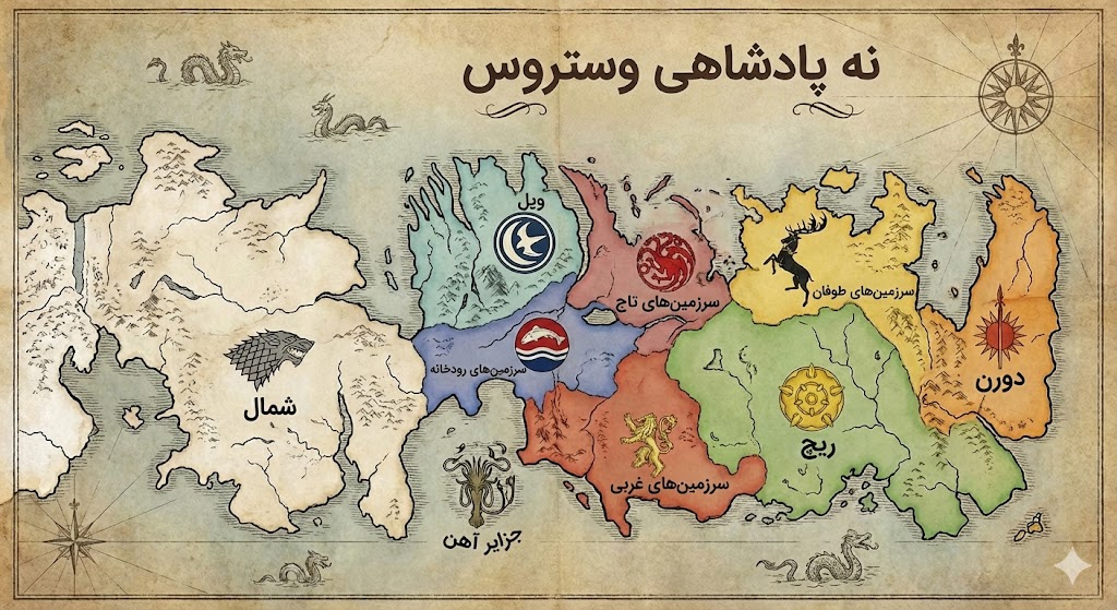 نقشه فارسی ۹ پادشاهی وستروس و نماد خاندانهای بازی تاج و تخت